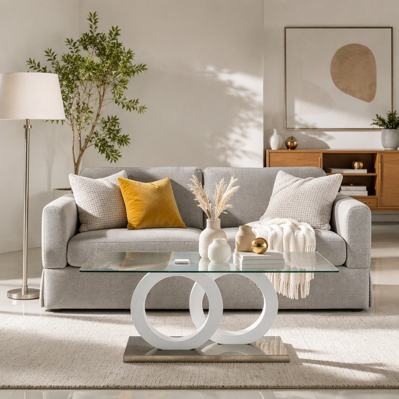 Table basse avec plateau en panneau de fibres à densité moyenne de style contemporain avec base blanche - Convient aux salons et aux salons, les dimensions du produit sont de 47,2 x 25,6 x 17,8 pouces.