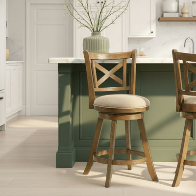 Kodi Modern Farmhouse Swivel Wood Counter Height Kitchen Bar Stool In Sepia Brown Finish With Grey Fabric Upholstered Seat