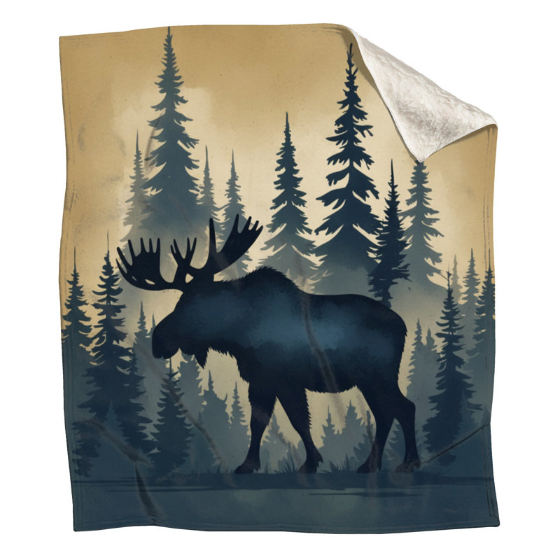 Moose In Forest Silhouette Blankets, 60in W x 80in H, Beige Black