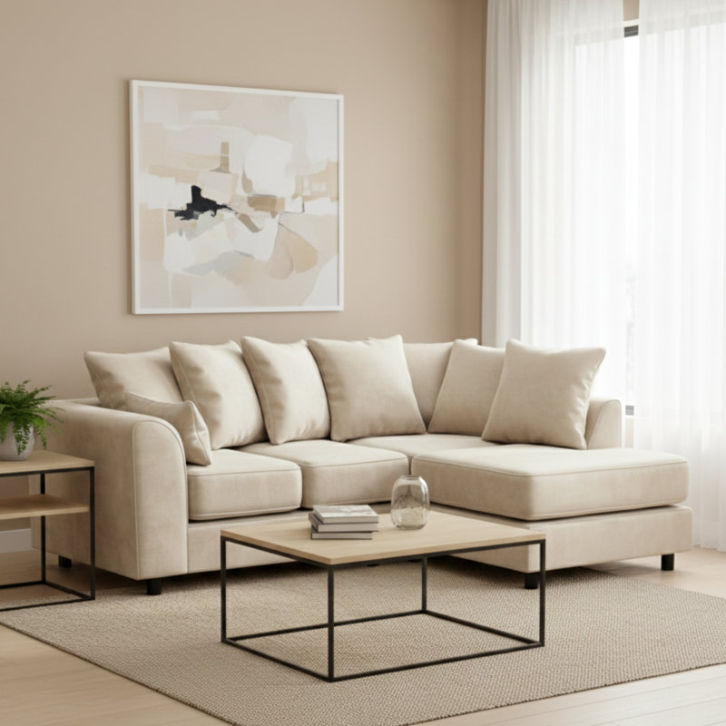 4 Seater Velvet Sofa & Chaise, Cream, Right