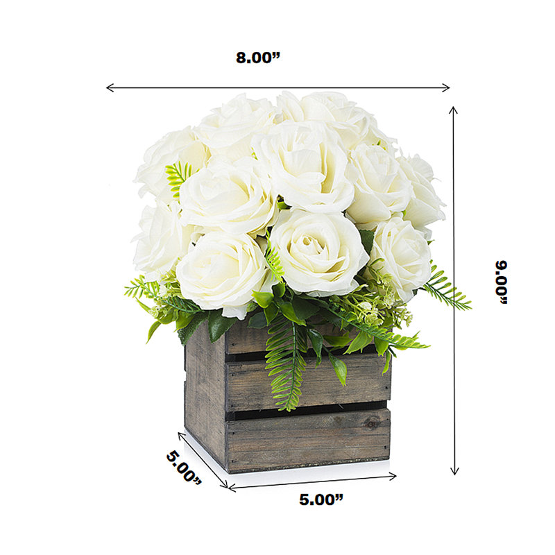 Arrangement de fleurs mixtes à 18 têtes avec jardinière en bois, Blanc