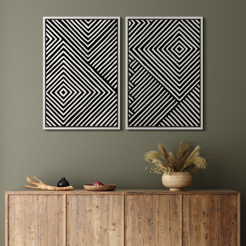 Black and White Geometric Abstract Canvas Print Set with White Frame