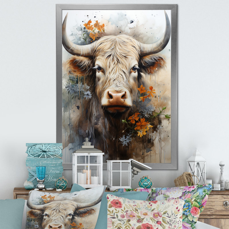Profil floral de yak sur toile, H 32 po x l 24 po x P 1 po, Cadre simple argenté