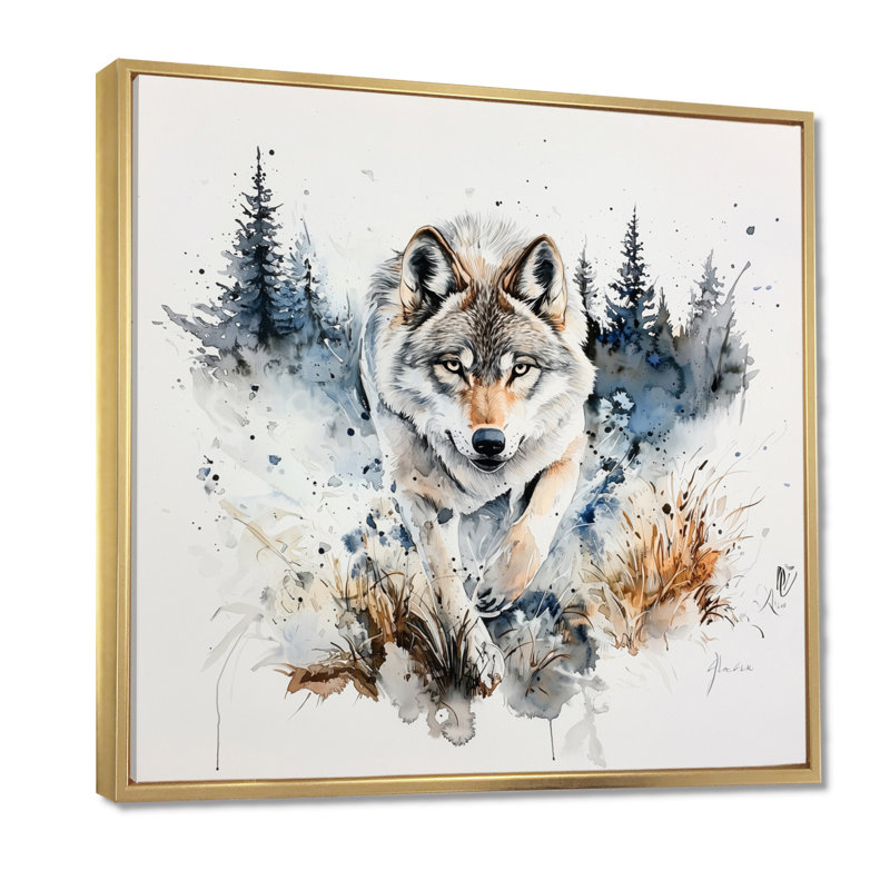 Loup qui court dans la forêt I - loup, reproduction sur toile, Impression dans un cadre flottant sans passe-parto, Doré