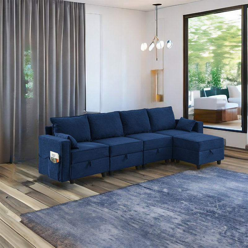Canapé modulaire 5 pièces Mandica, Velours côtelé bleu marine
