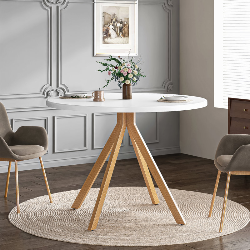 Breshia 39.4" Pedestal Dining Table, White Top/Oak Base