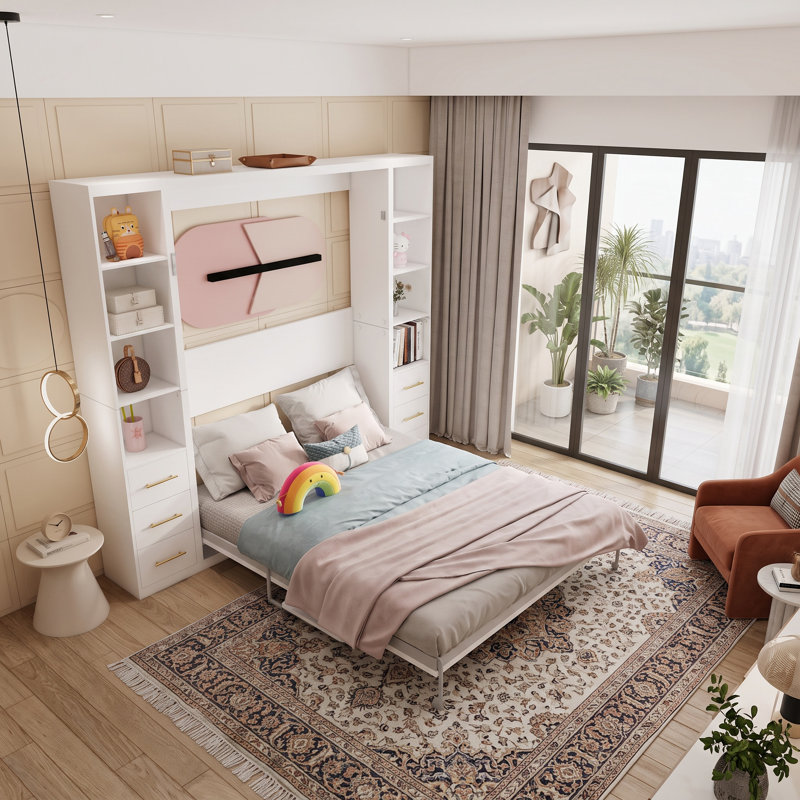 Hampton Space-Saving Murphy Bed with Desk & Side Cabinets, Foldable Wall Bed for Home Office, Study Room