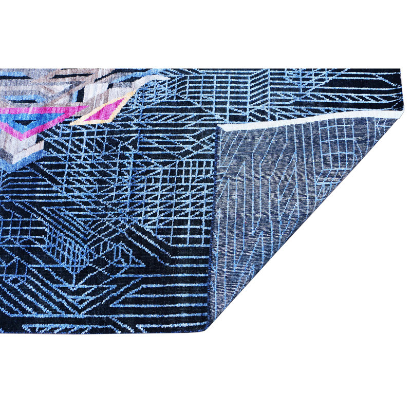 Hand Knotted Area Rug in Black/Blue/White/Gray, Rectangle 9' x 12'