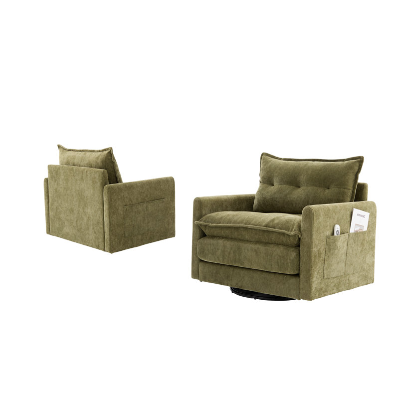 36" Chenille Upholstered Single Swivel Chair, Olive Green