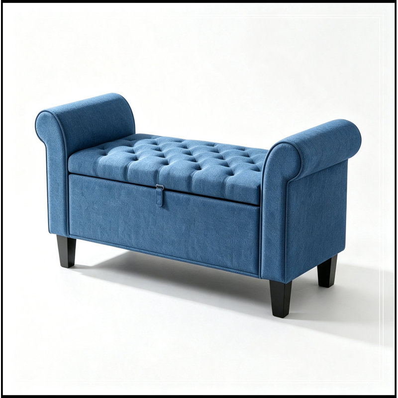 Meuble de rangement capitonné Stéphanie avec accoudoirs roulés, Bleu
