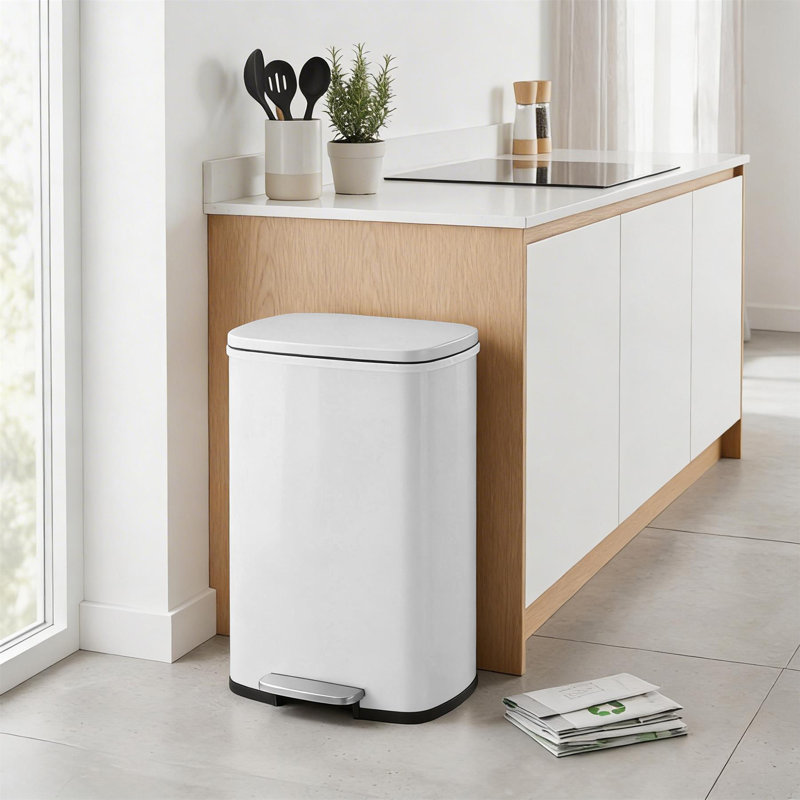Harbour Housewares Square Stainless Steel Kitchen Pedal Bin, White