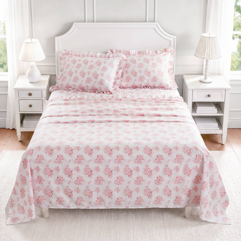 Microfiber Ruffle MF Solid Ruffled Hem Sheets, King, Pink Floral