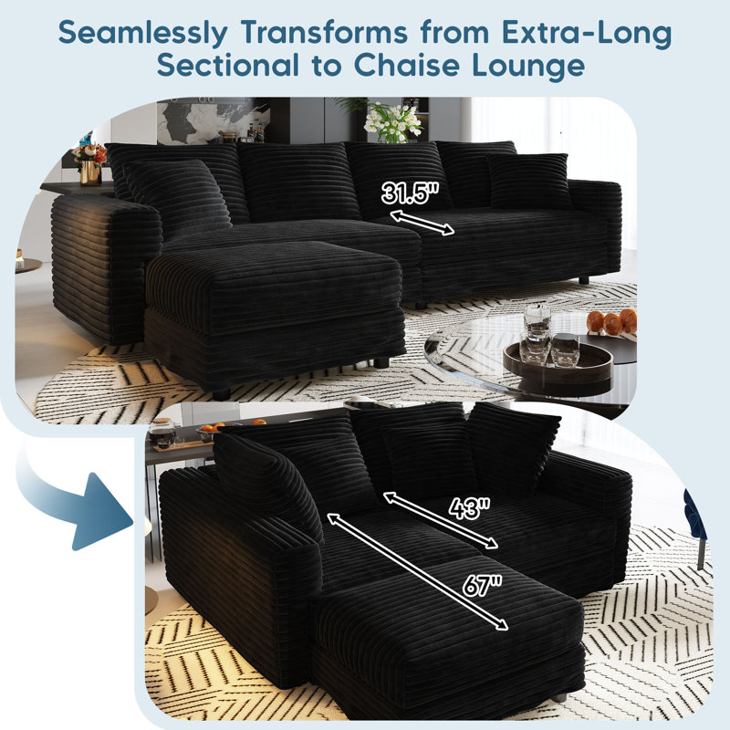 Almonte 103'' Extra-Long Modular Sofa with Chaise Conversion and 2 Throw Pillows, Black