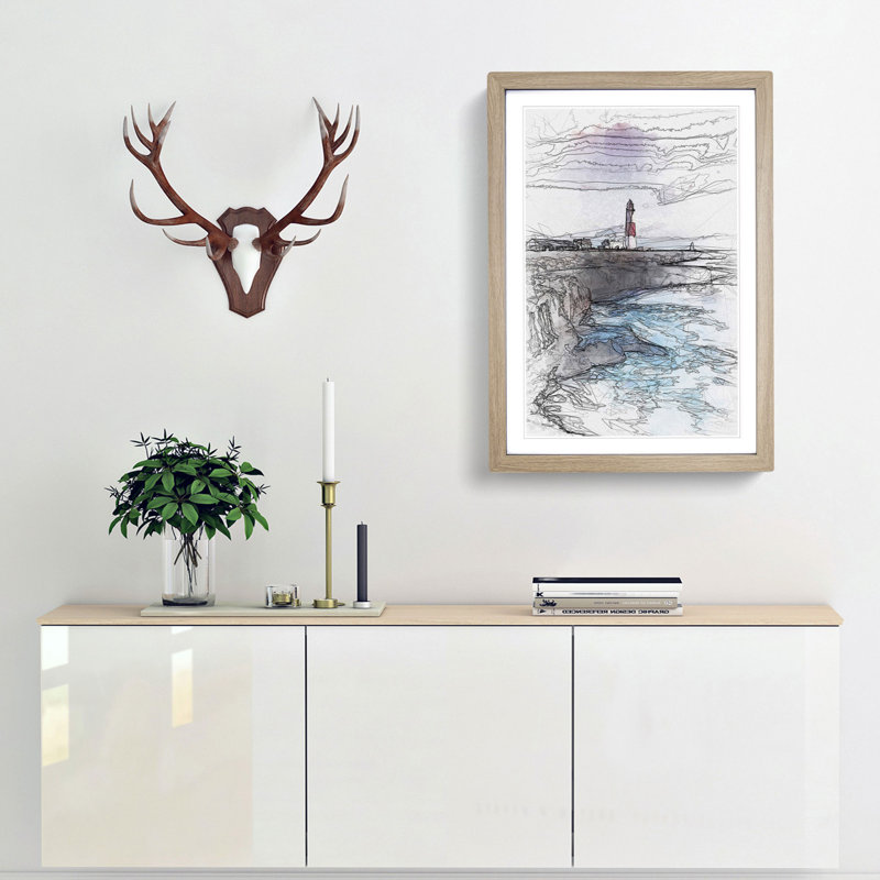 Portland Bill Lighthouse in Dorset Abstract Art - Picture Frame Graphic Art Print, 76cm H x 50cm W x 2cm D, Oak