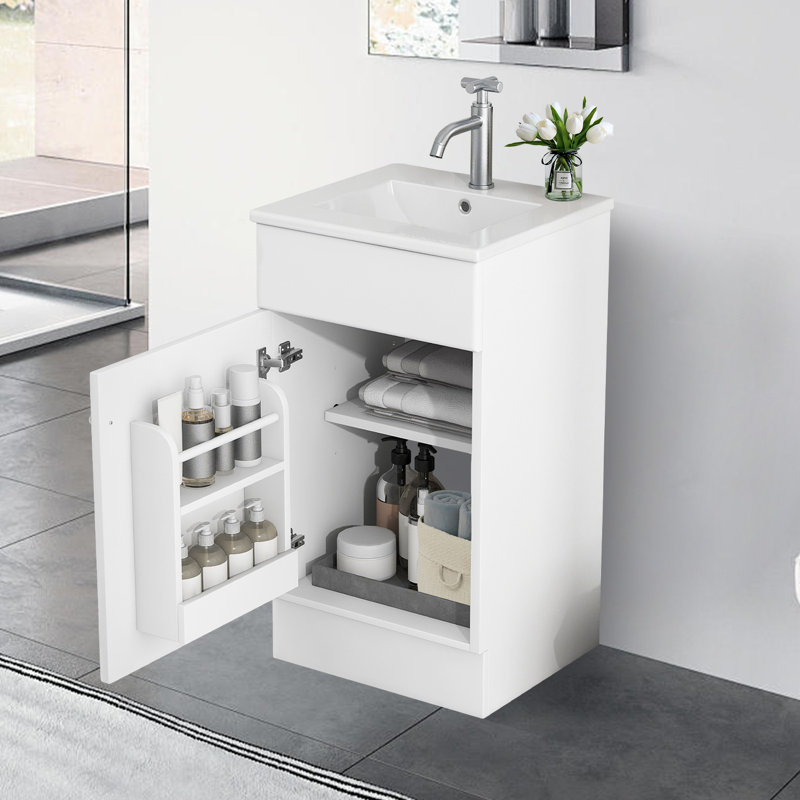 Meuble-lavabo de salle de bain avec lavabo en céramique, avec tablette de porte et tablette réglable, Blanc