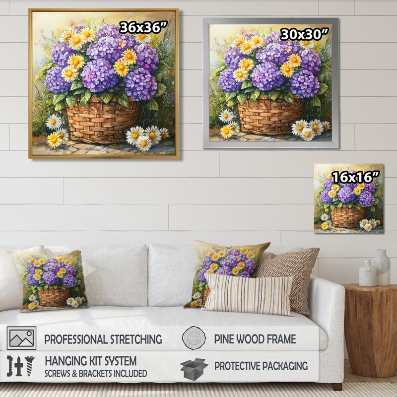 Hortensias et marguerites dans un panier - hydrangées, art mural, H 30 po x l 30 po, Reproduction encadrée d'une seule photo