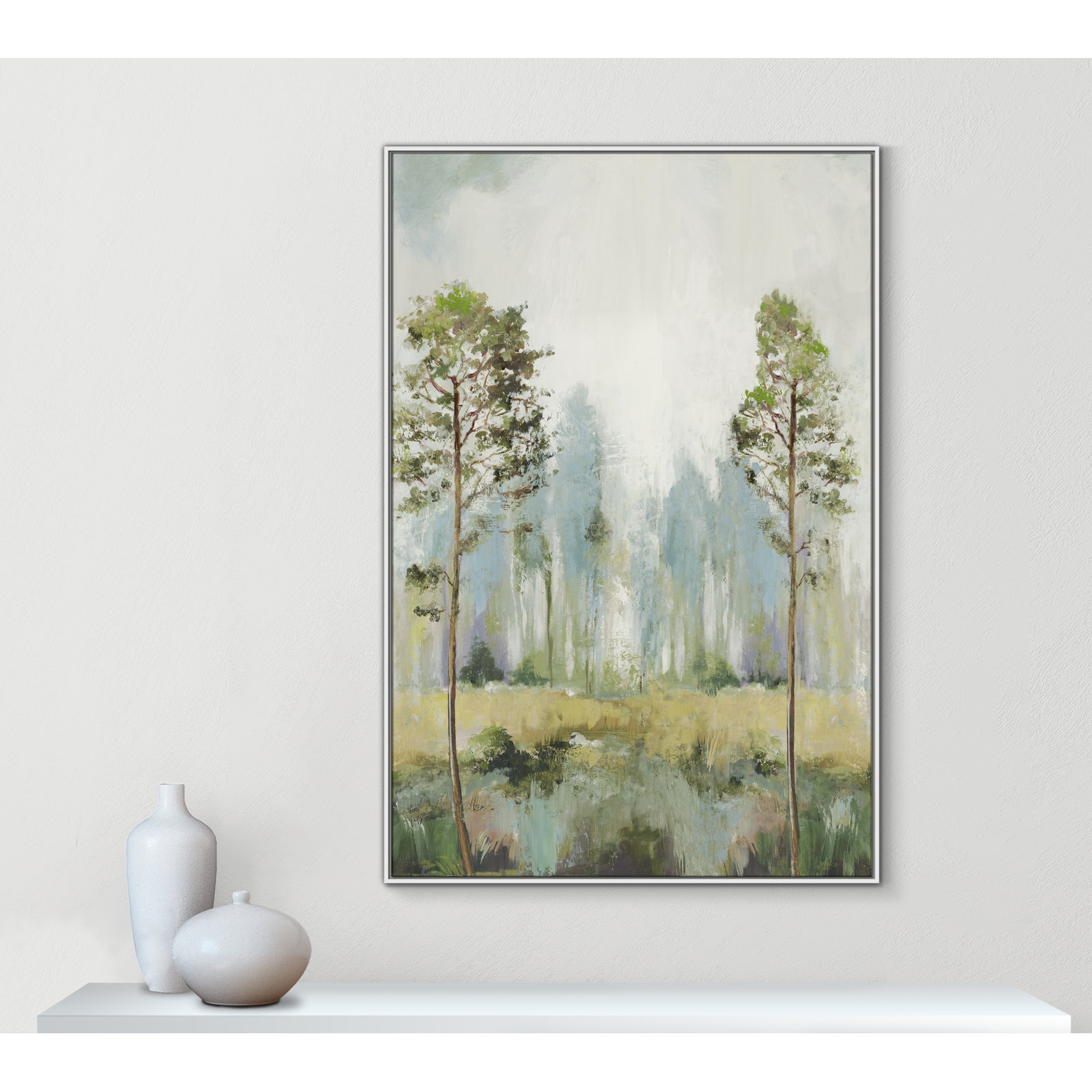 Tall Green Trees II by Teton Pearce - Floater Frame Print on Canvas, 61.5" H x 41.5" W, White