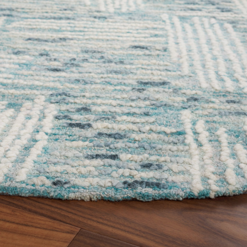Weybossett Abstract Hand Tufted Wool Cotton Abstract Rug in Ivory/Blue, Round 6'