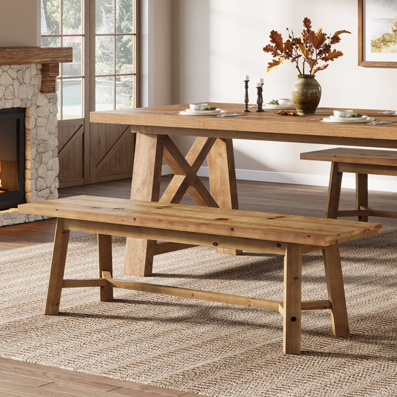 55.12-inch Solid Wood Dining Bench, Farmhouse Long Kitchen Bench With Strengthened Legs For Dining Room, Kitchen, Restaurant, Natural Brown