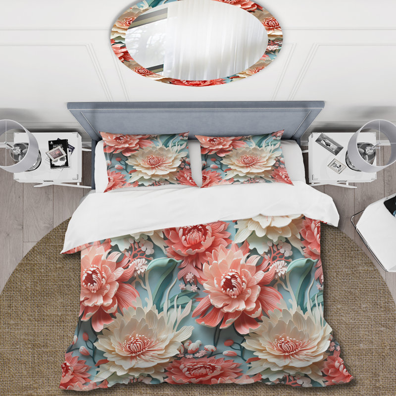 Coral Serenade Tropical Pattern IV - Ensemble de housse de couette tropical, Housse de couette pour très grand lit et 2 très