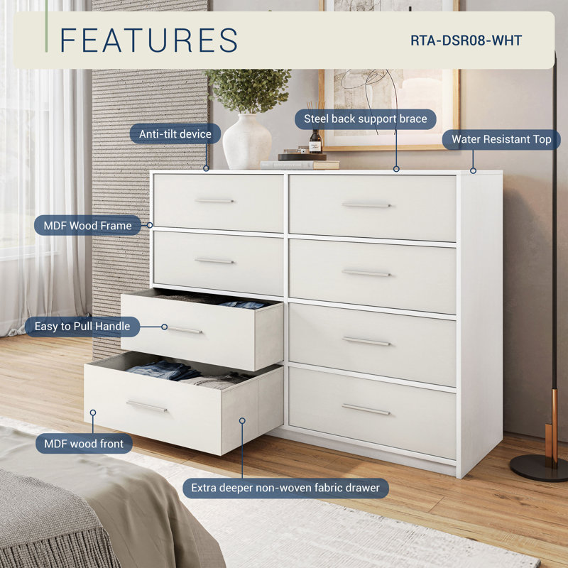 Spacious Wood Frame Dresser with 8 Large Fabric Drawers Drawers for Bedroom, Living Room, Closet, Hallway, TV Stand, or Toy Chest Use