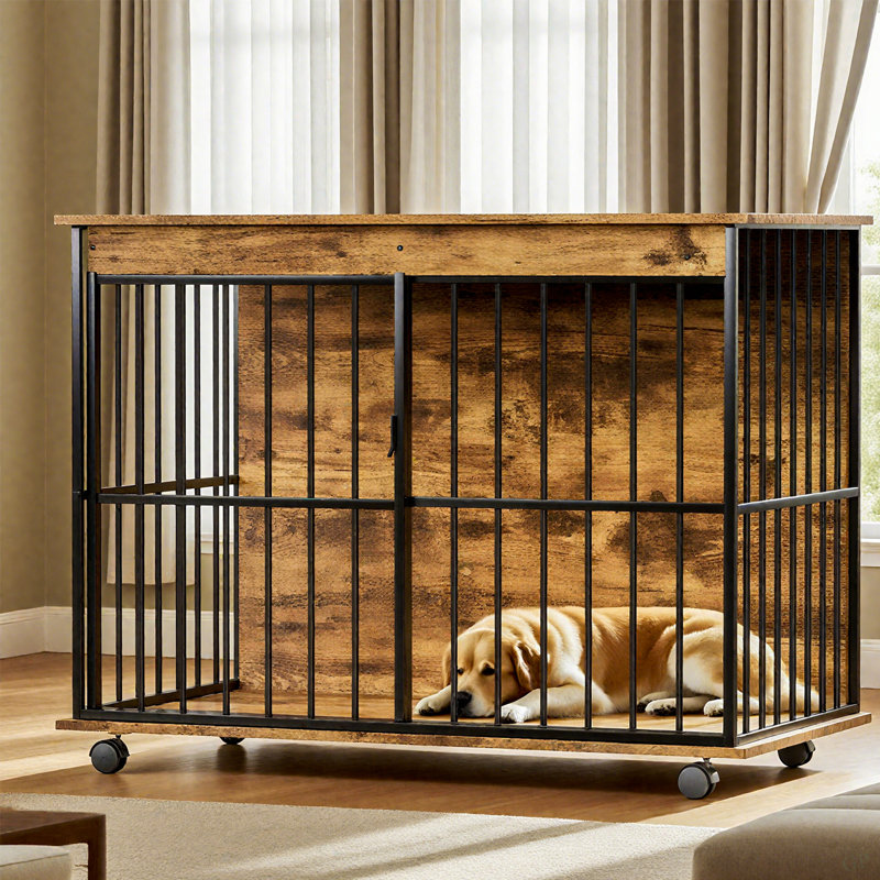 Meubles pour cage de chien, meubles pour grande cage avec plateau pour chiens de taille moyenne, chenil en bois, Noyer