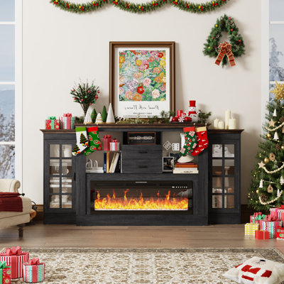 85.03" Fireplace TV Stand For Tvs Up To 75" With Charging Station, Electric Fireplace With Mantel