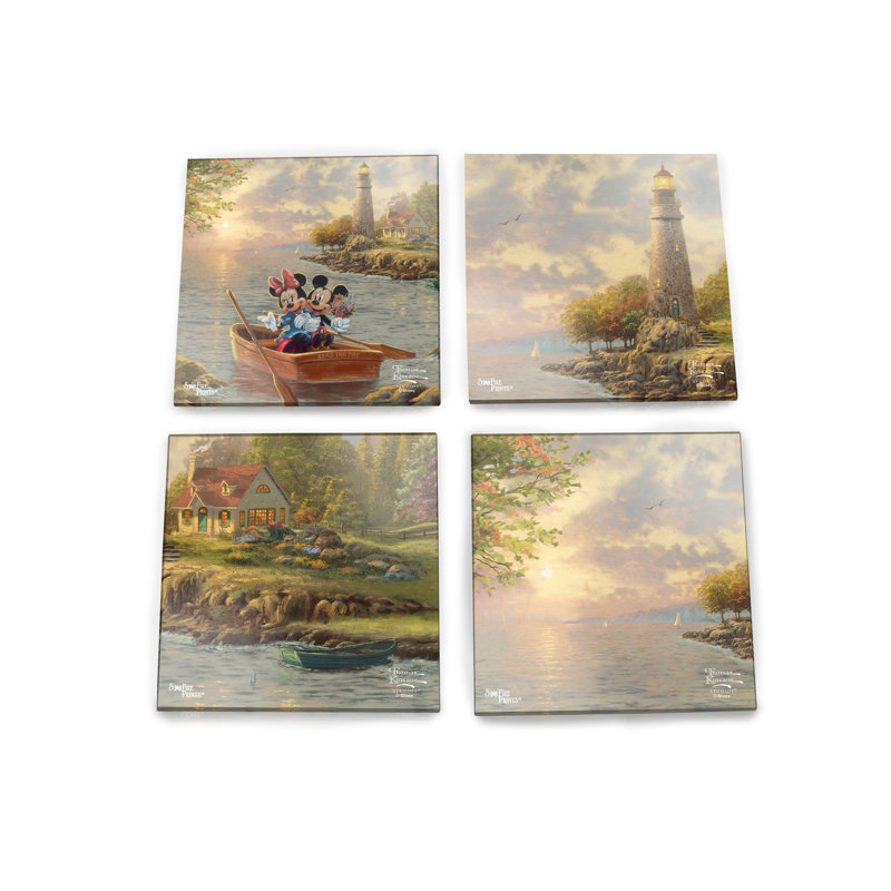(Symboles) Ensemble de sous-verres en verre Starfire, Thomas Kinkade / Phare de Mickey et Minnie Cove