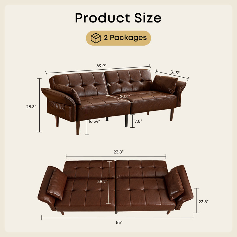 Latitude Run® Faux Leather Upholstered Futon Sofa Bed with Armrests and Backrest Adjustable, Red Brown