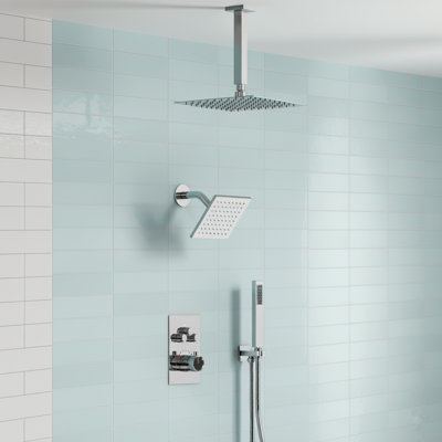 Ceiling Mount 12" High-Pressure Rainfall Shower Faucet, Dual Rainfall Shower Head System with Thermostatic Valve