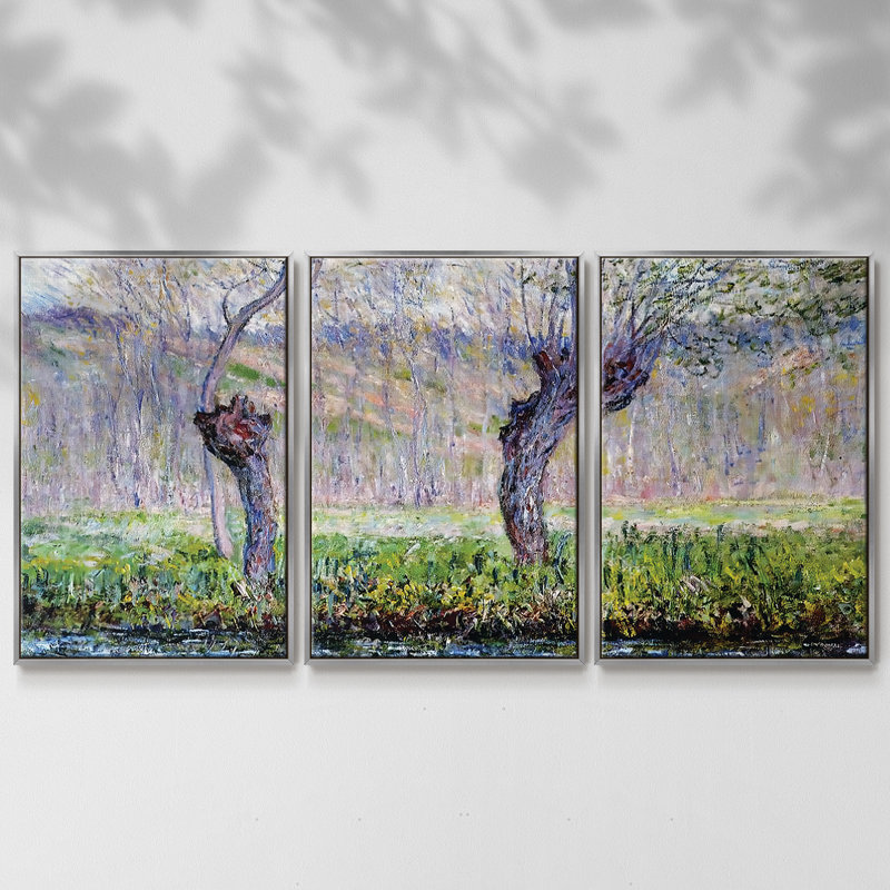 Willows In Springtime, 1886, reproduction d'art encadrée sur toile 3 pièces, H 36 po x l 75 po x P 2 po, Argent
