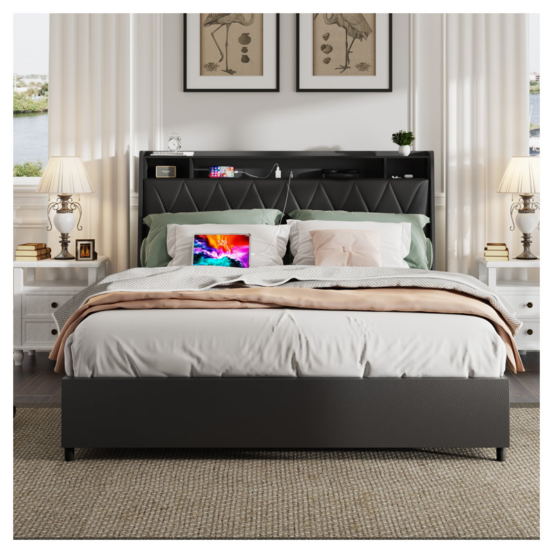 Base de lit plateforme grand en métal avec tête de lit ergonomique en similicuir, noir