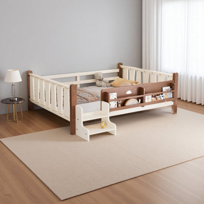 Solid Wood Kids Floor Bed With Cute Stairs And Guardrails, No Box Spring Needed