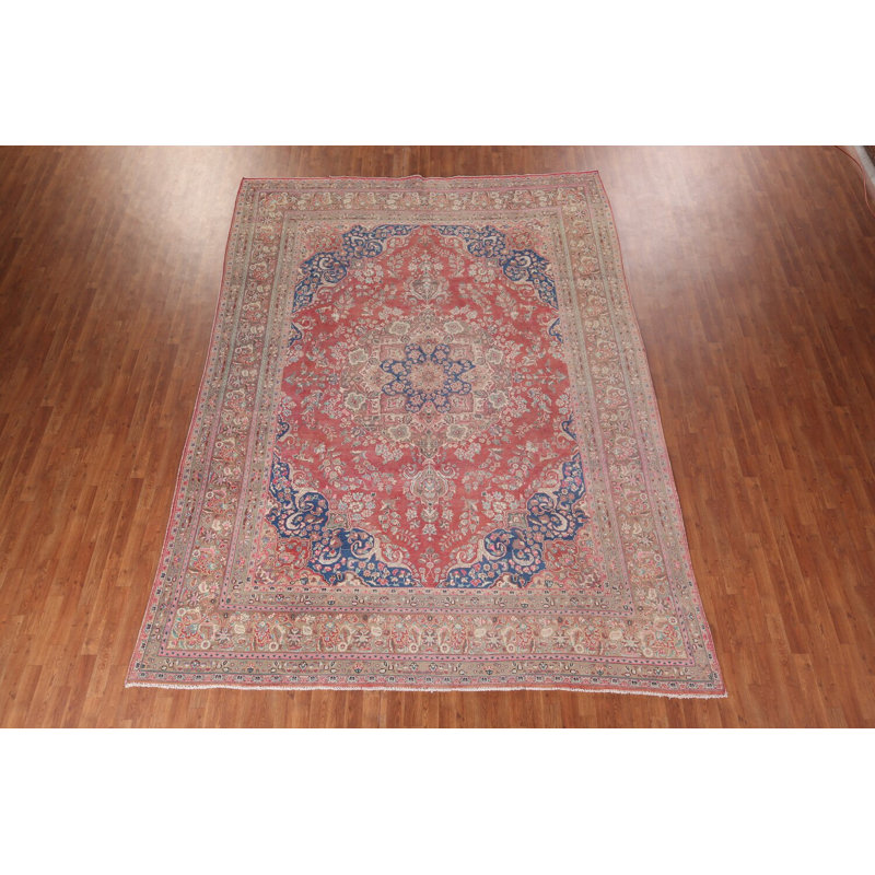 Tapis traditionnel rouge et rose à motif floral 9 x 13