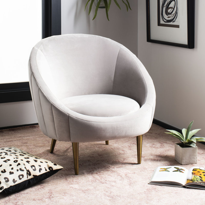 Transitional Pale Taupe Velvet Barrel Arm Chair with Wood Accents