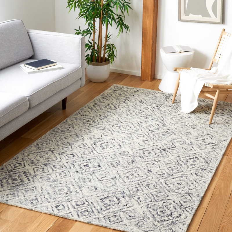 Micro-Loop Hand Tufted Wool/Cotton Geometric Rug in Gray/Beige, Rectangle 5' x 8'