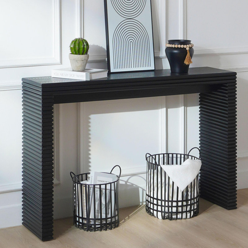 Console moderne noire à motif nervuré, console en bois, table d'entrée de l 47 po, console étroite de table d'entrée noire, table de couloir moderne, table de canapé moderne, table de salon