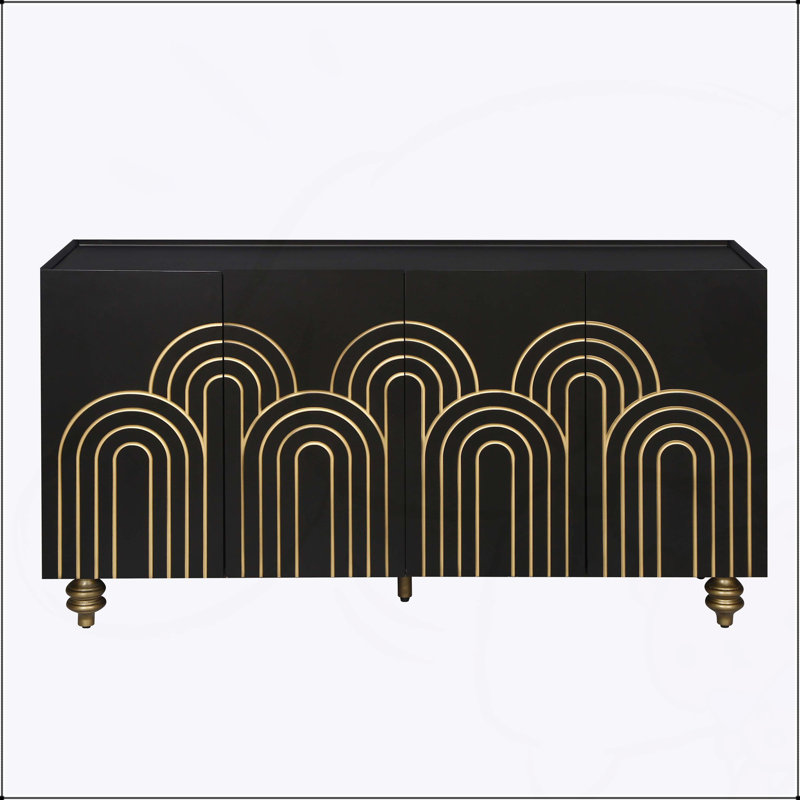 Modern Fluted Sideboard Buffet with Storage, Curved Elements and Strict Lines, 4 Doors Cabinet for Versatile Use, Black