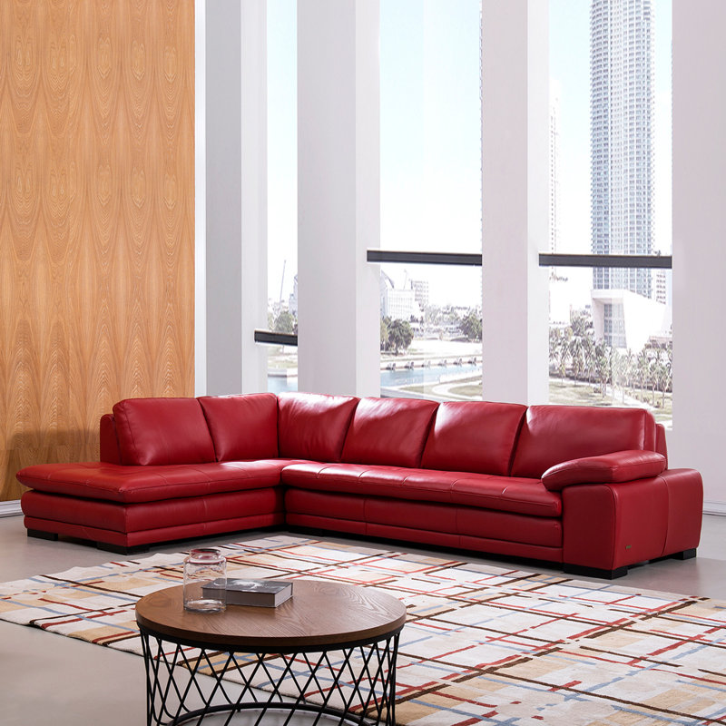 126" Wide Leather Match Sofa & Chaise, Left Hand Facing, Ruby Leather