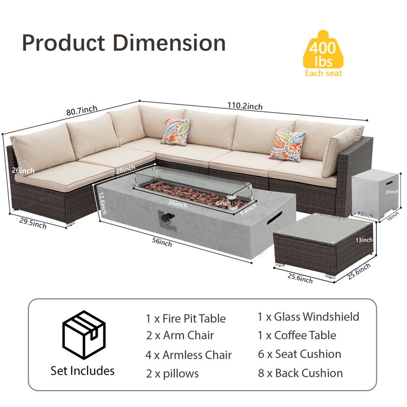 6 - Person Outdoor Seating Group with Cushions and Fire Pit Table, Beige/Dark Brown