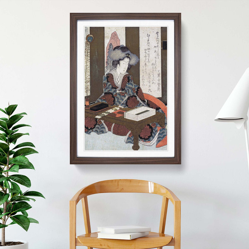 Lady Writing a Poem by Yashima Gakutei - Picture Frame Painting Print, Walnut Framed, 65cm H x 48cm W x 2cm D