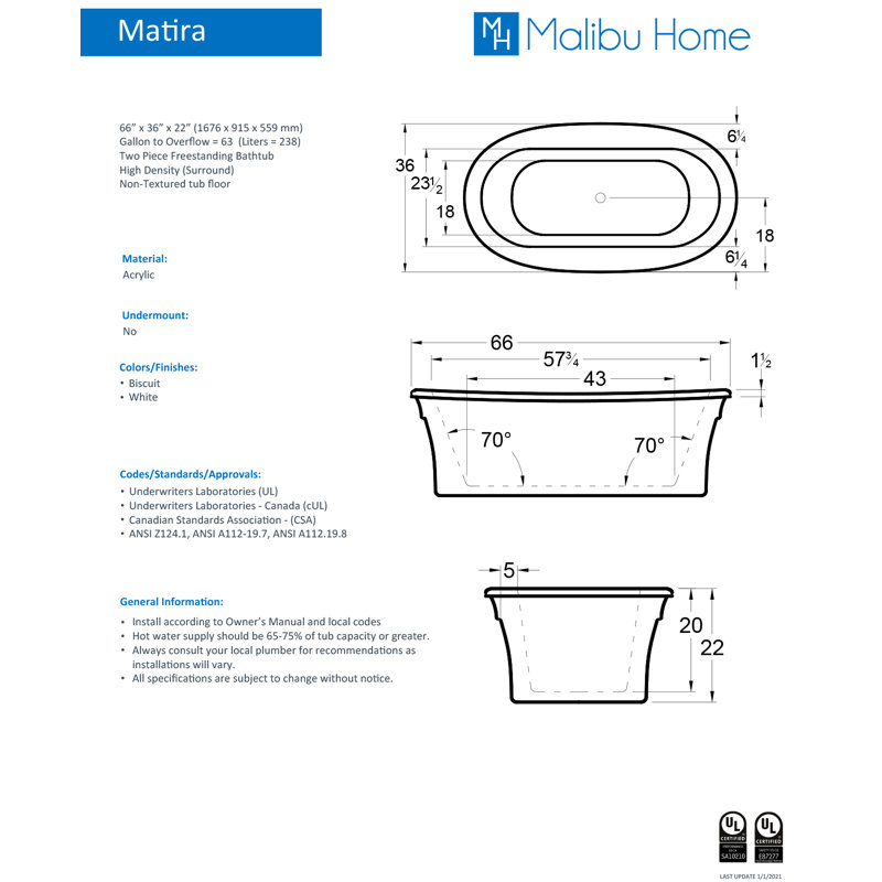 Matira 66" x 36" Freestanding Soaking Acrylic Bathtub, Biscuit