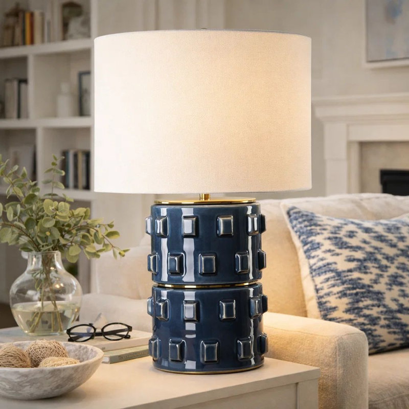 Lampe de table, motifs de blocs en relief 3D, abat-jour en lin blanc, bleu 23 pouces