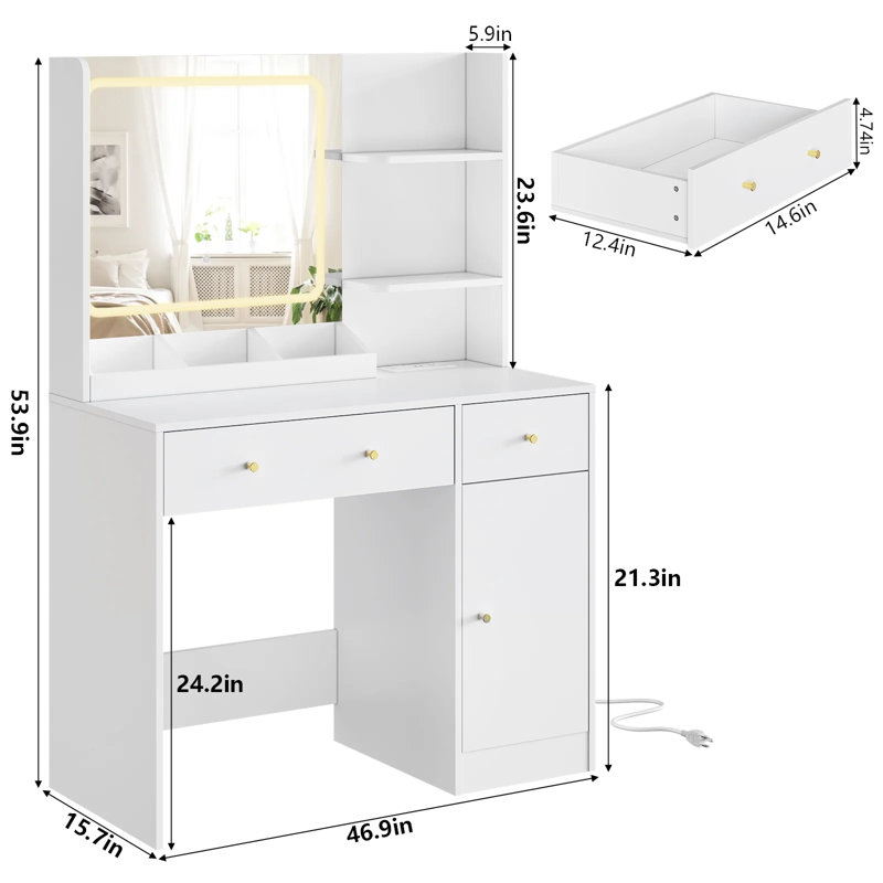 Coiffeuse de maquillage avec miroir lumineux à DEL, 3 tiroirs et prise de courant pour la chambre à coucher