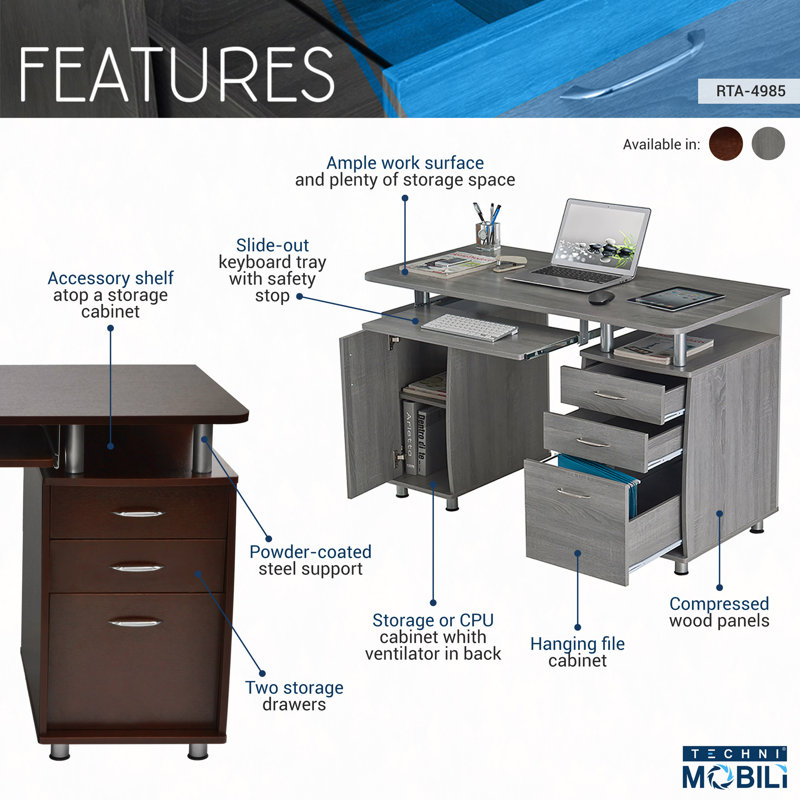 Harris 48'' Floating Computer Desk with Drawers and Storage Cabinet, Gray