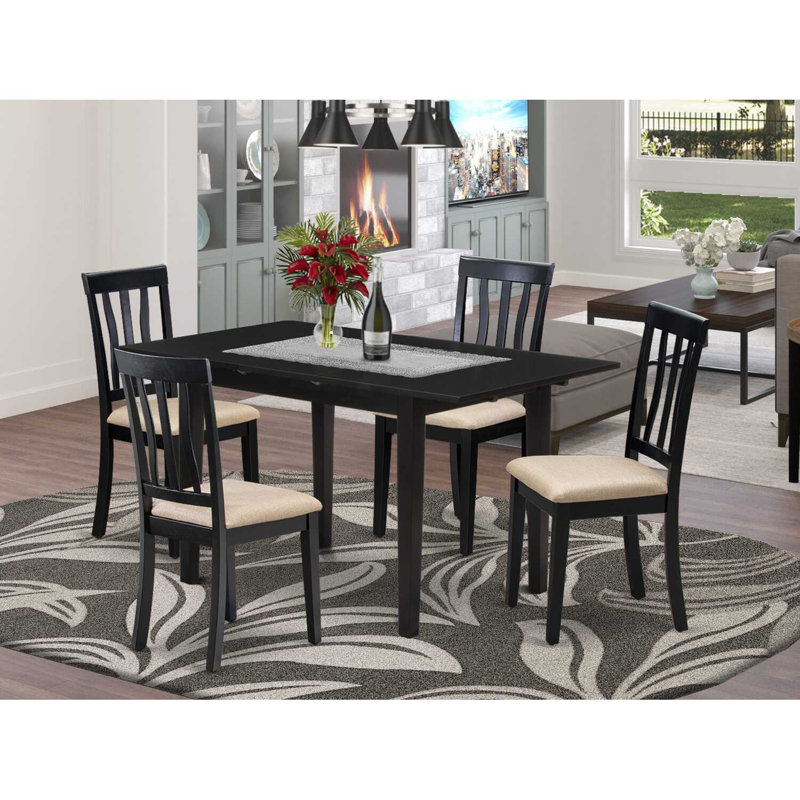5 Piece Modern Dining Table Set Includes a Rectangle Wooden Table with Butterfly Leaf and 4 Linen Fabric Dining Room Chairs, Oak