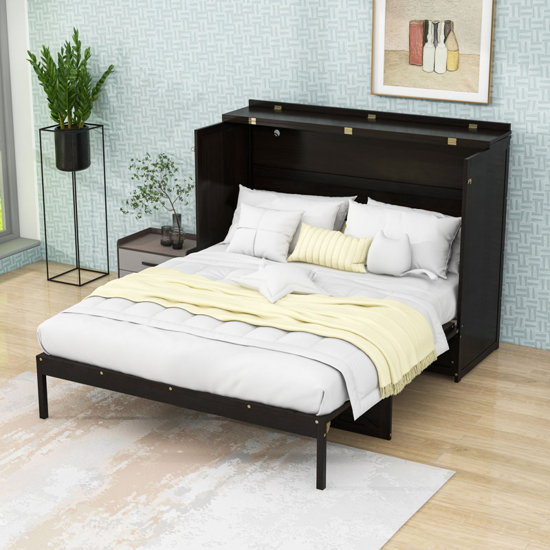 Grand lit escamotable en bois avec ports USB et tiroirs, Espresso brossé