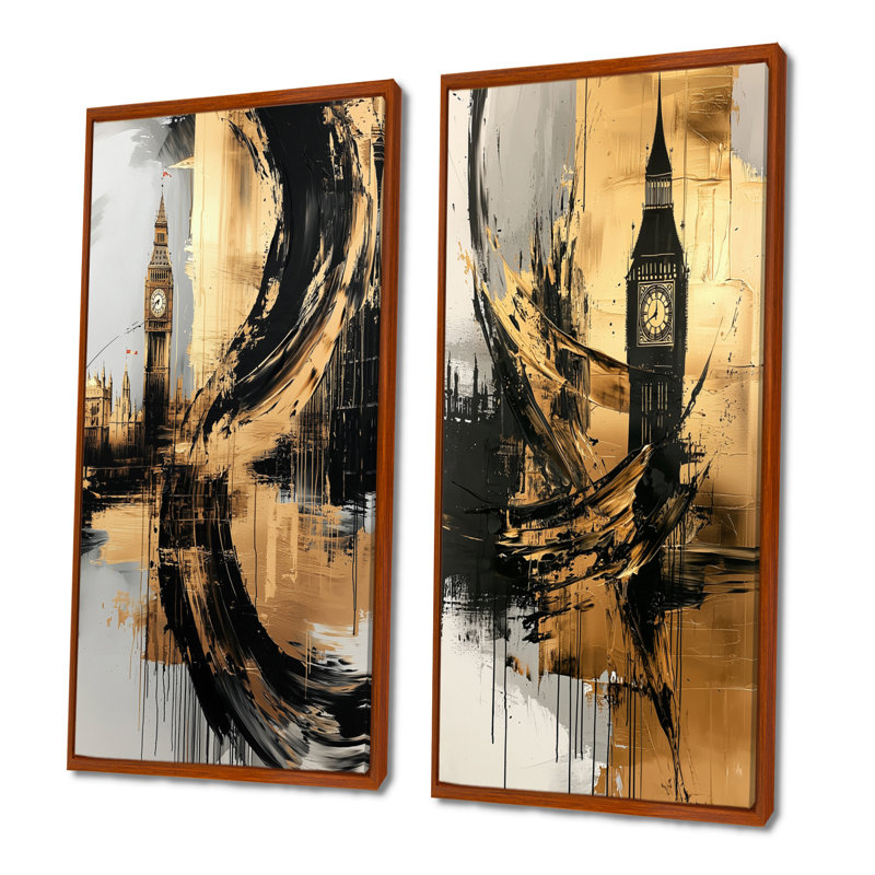 Big Ben Glow In England III - Collection d'art mural 2 panneaux, H 40 po x l 41 po, Impression encadrée flottante, Brun