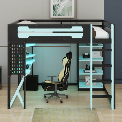Wood Gaming Loft Bed With Desk & RGB Light, USB Port, Power Outlet, Hanging Board, Shelves & Guardrails