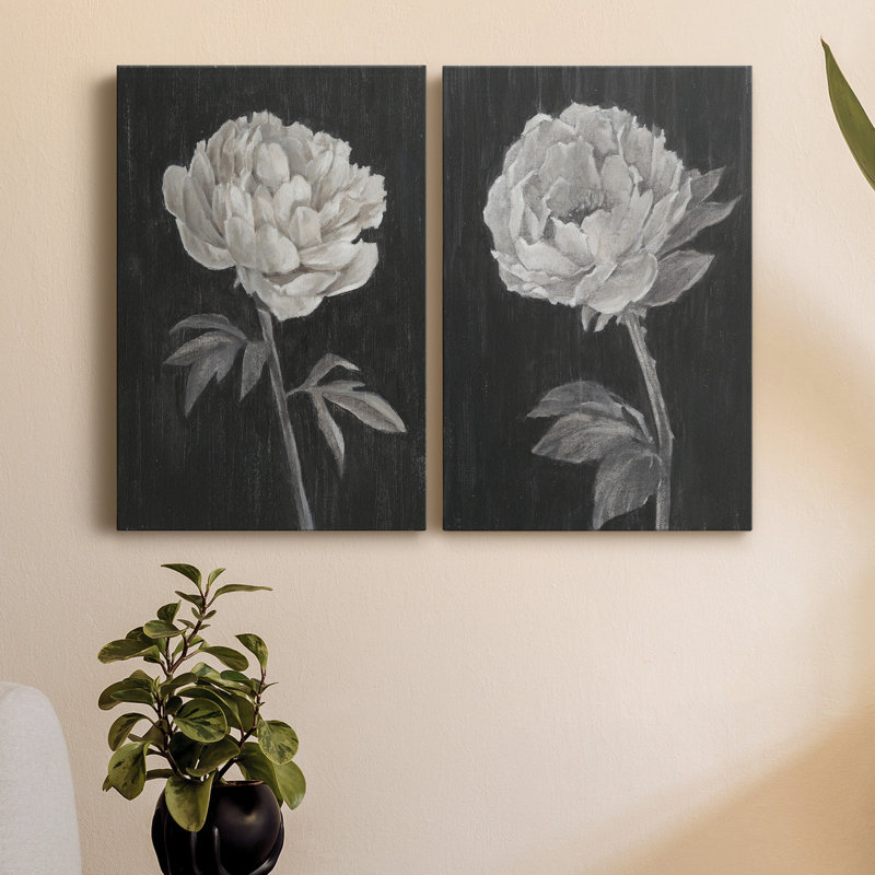 Fleurs noires et blanches I - Toile tendue avec châssis de qualité supérieure - prête à être accrochée